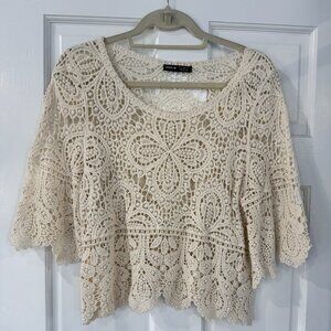 Crochet Lace Boho Top Beige Size Small | Festival Beach Cover Up Blouse